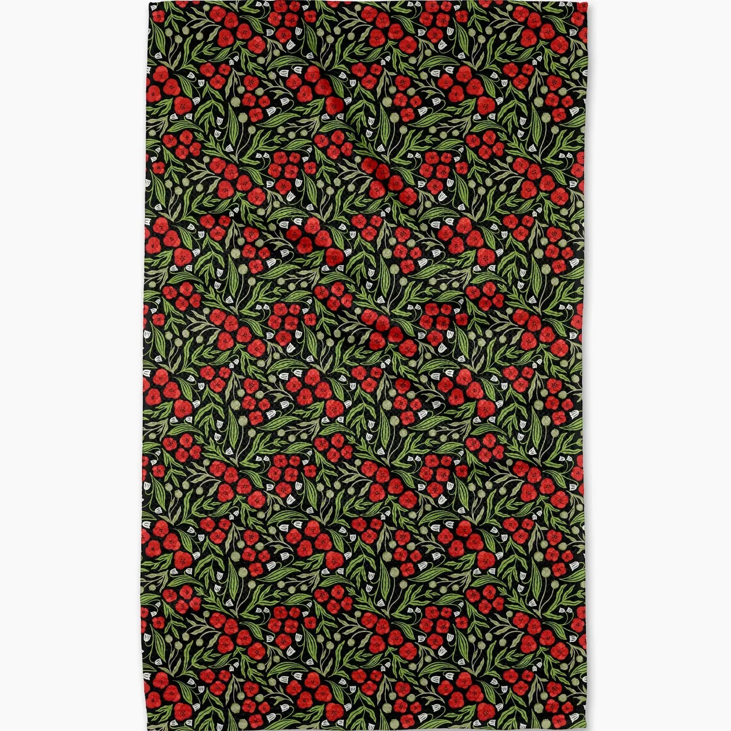 Patterned fabric with red berries and green leaves on a dark background