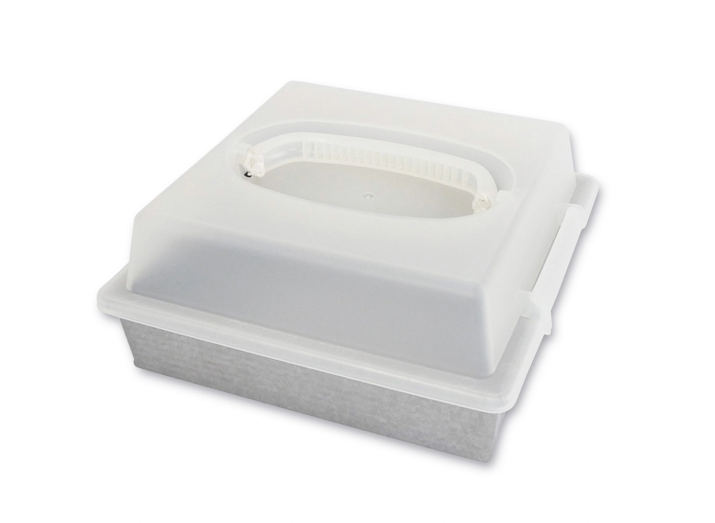 White plastic container with a transparent lid on a white background