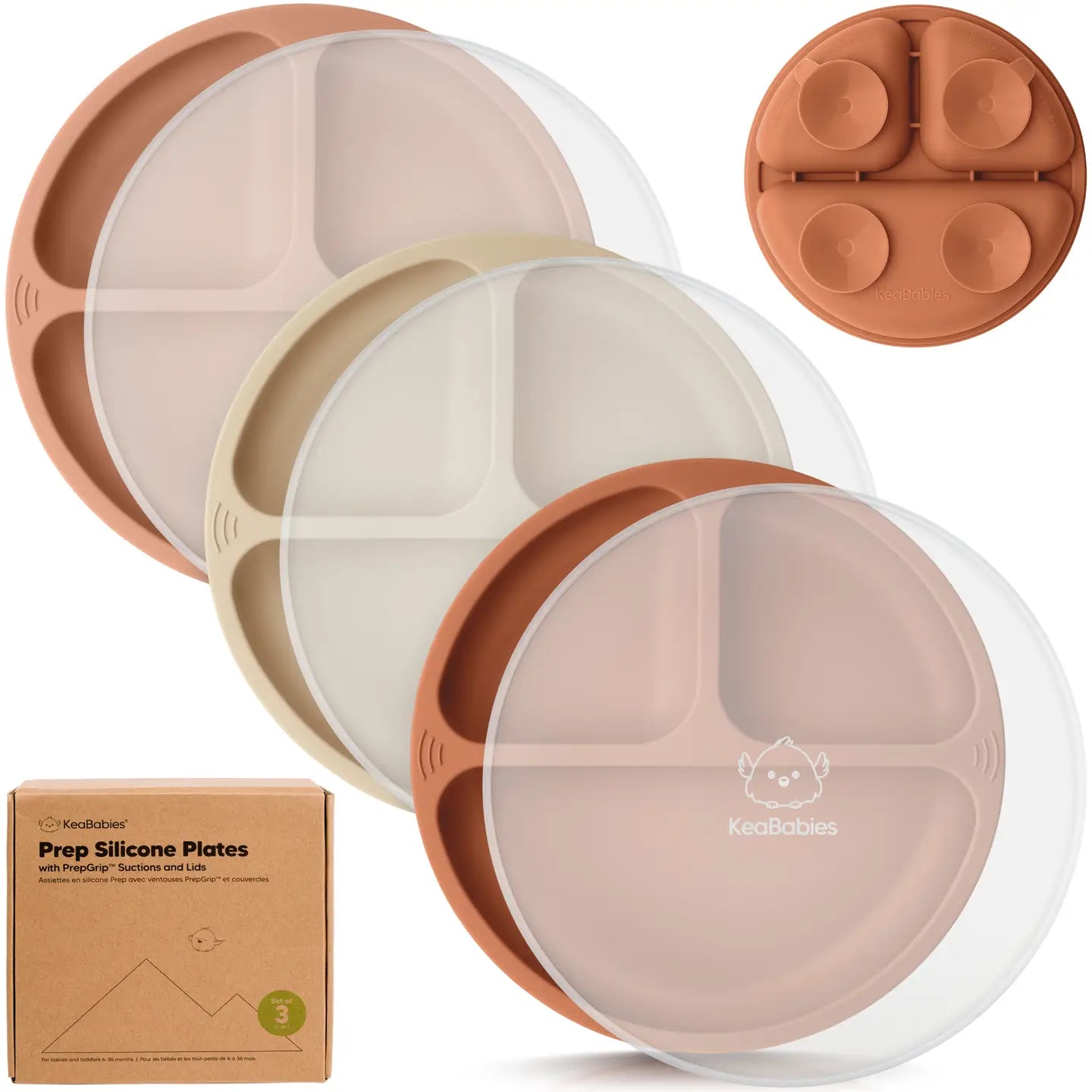 silicone plates with compartments, packaging box, and close-up of a plate