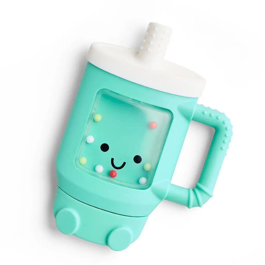 Teal children's sippy cup with a smiley face on a white background