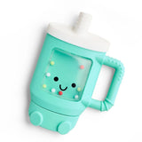 Teal children's sippy cup with a smiley face on a white background
