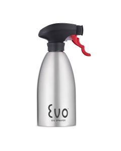 Silver spray bottle with black and red nozzle on a white background