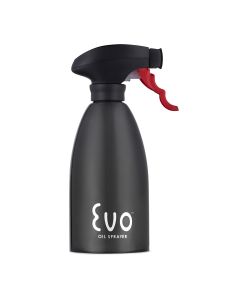 Black spray bottle with red nozzle on a white background
