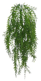 Artificial hanging plant with green leaves on a white background