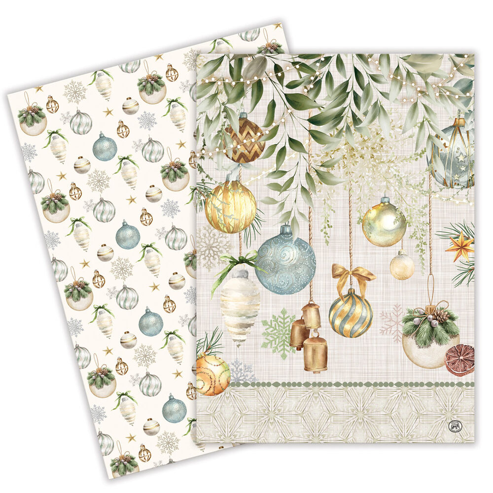 Two sheets of decorative paper with Christmas-themed designs featuring ornaments and foliage.