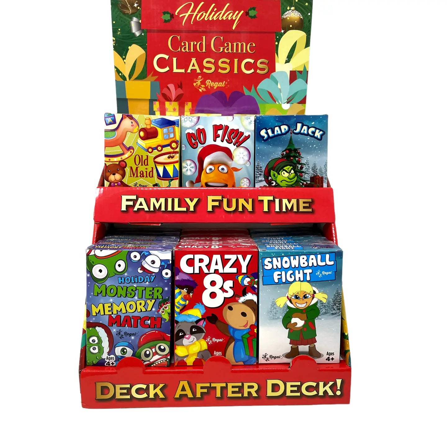 Display of holiday card games with colorful packaging on a white background