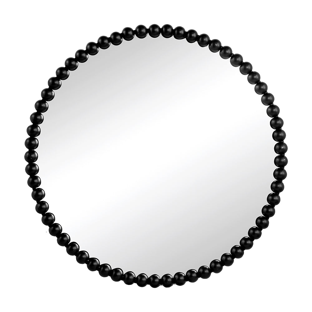 Round mirror with a black bead frame on a white background