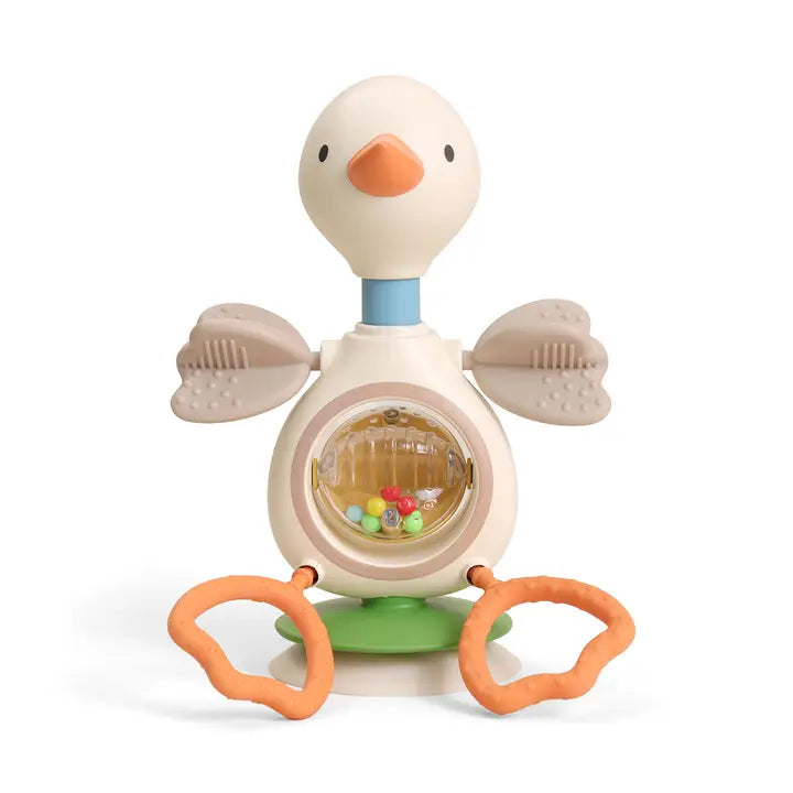 Toy duck with a rattle inside on a white background