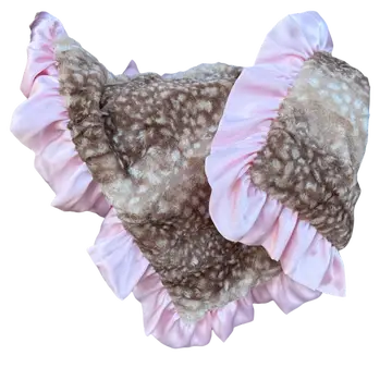 A plush pet blanket featuring a brown and beige spotted deer-print pattern with light pink ruffled trim, shown on a plain white background.