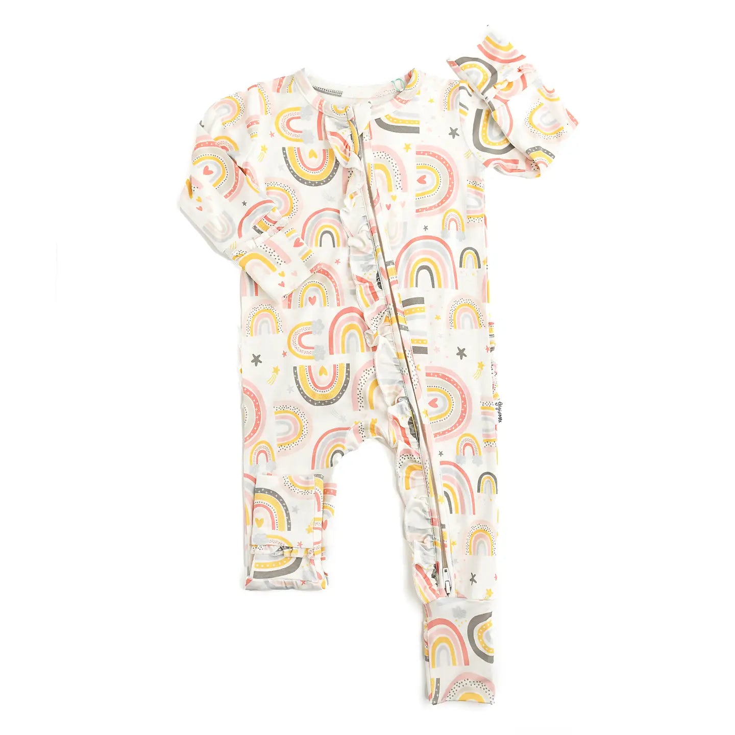 A multicolored rainbow-patterned baby sleepwear with a ruffle detail, featuring a zip from the top to the ankle and mitten cuff on the arm.
