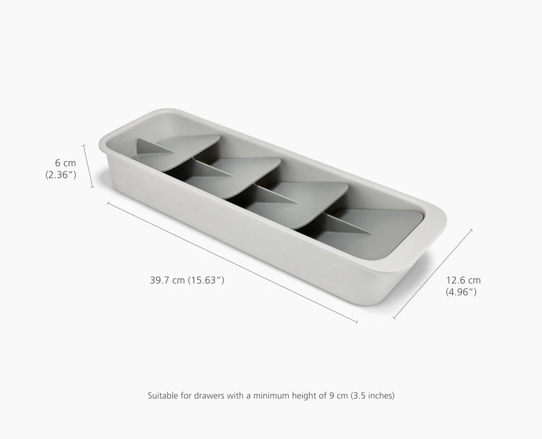 Gray drawer organizer with dimensions on a white background