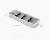 Gray drawer organizer with dimensions on a white background