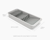 Gray drawer organizer with dimensions on a white background