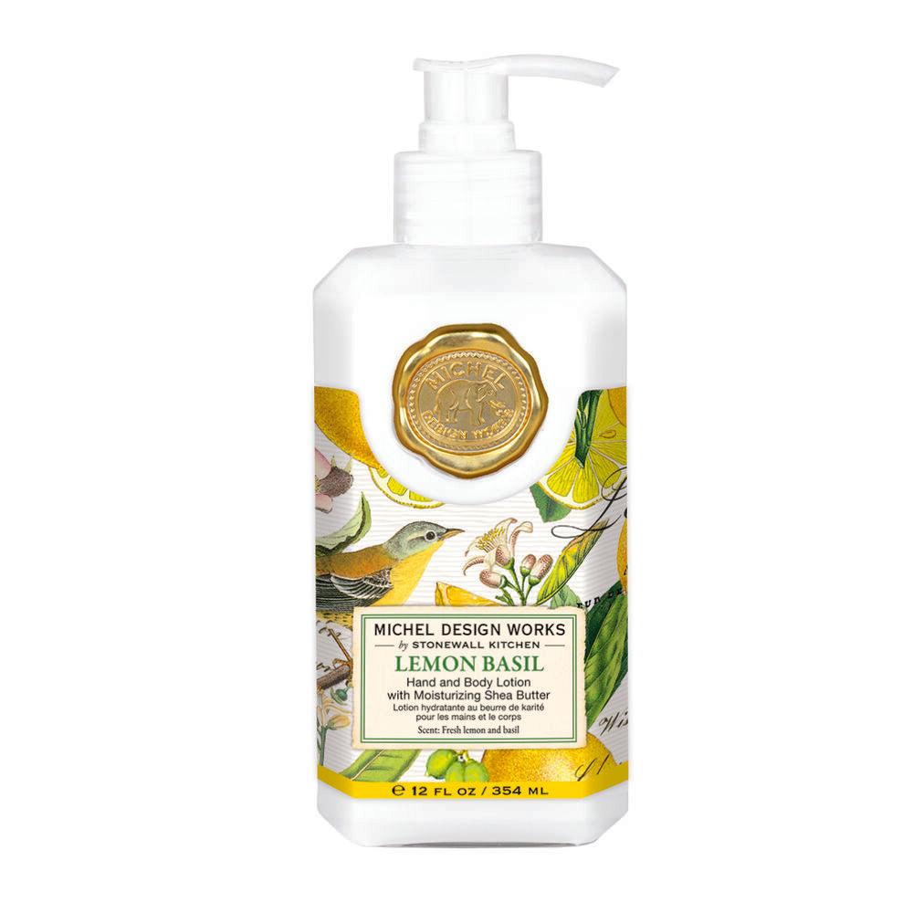 Lotion bottle with lemon basil design on a white background