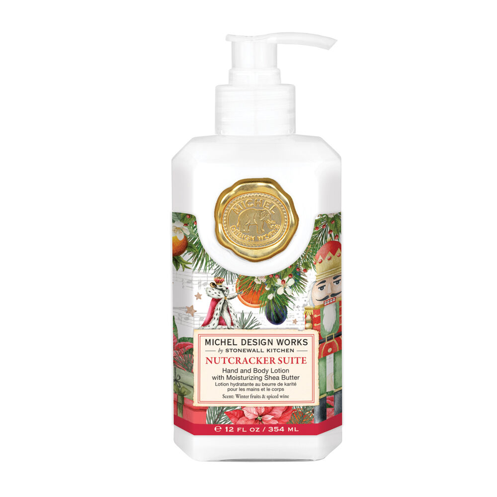 Lotion bottle with Nutcracker Suite design on a white background