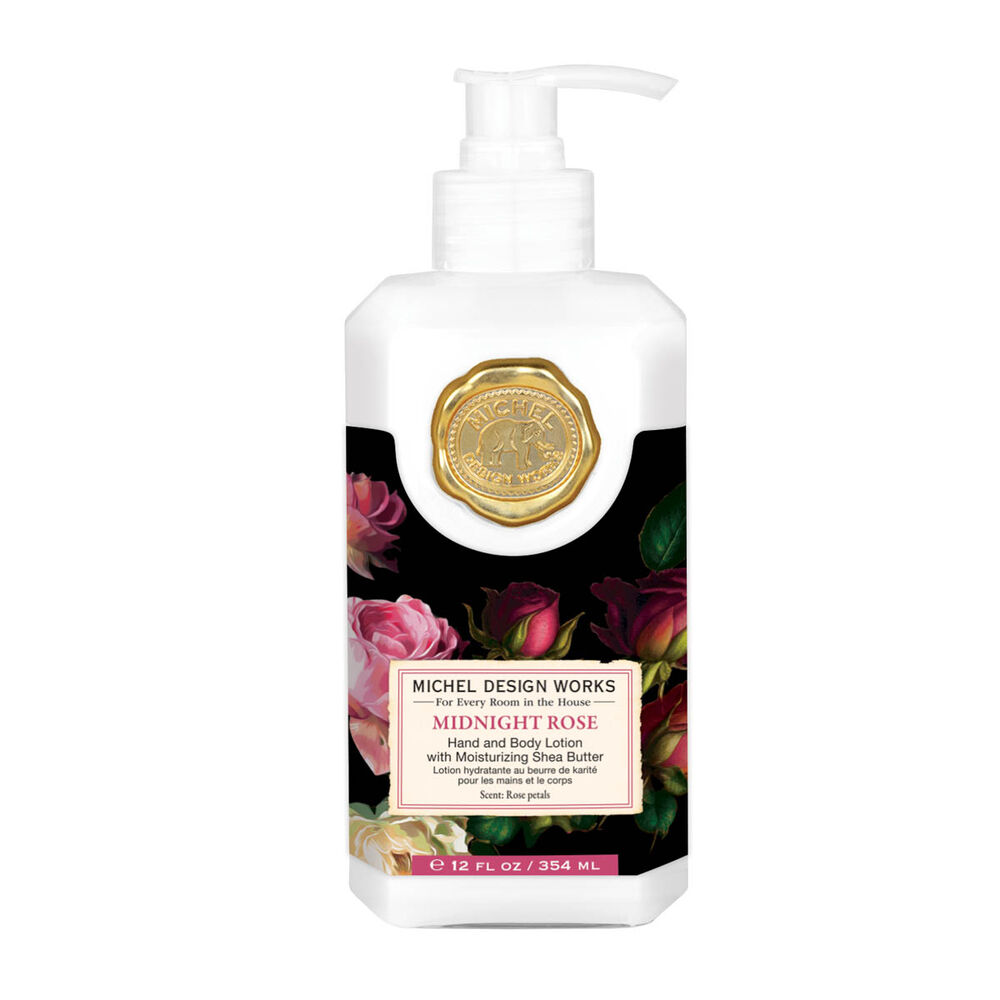 Lotion bottle with floral design and gold emblem on a white background