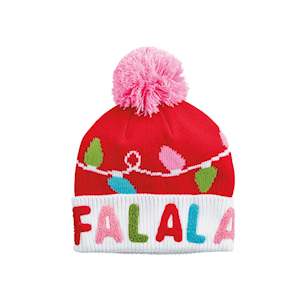 Red knit hat with pink pom-pom, colorful lights, and 'FALALA' text on a white background