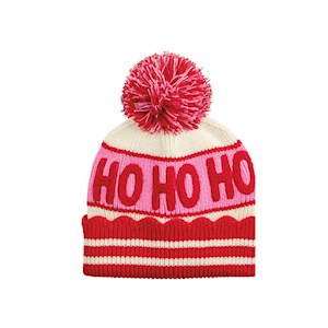 A festive knit beanie hat featuring a cream and pink striped body with the word 'HO HO HO' knitted across the front in red. It has a red and cream striped cuff and a matching red and cream pom-pom on top, set against a plain white background.