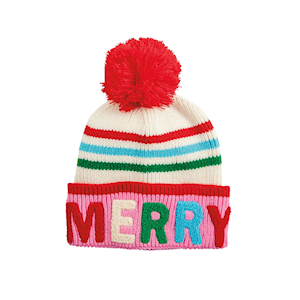 Colorful knit beanie with 'MERRY' text and red pom-pom on a white background