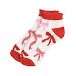 White ankle socks with red trim and a repeating pattern of red bows, shown on a plain white background.