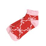 A single red ankle sock with a pink ribbed cuff and toe, featuring a white bow pattern on the side.