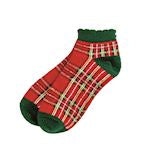 A pair of low-cut ankle socks featuring a festive red and green plaid pattern with solid green cuffs and toes, shown on a plain white background.