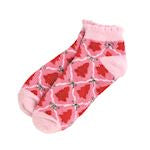 A pair of pink ankle socks with a red and white heart pattern, shown on a plain white background.