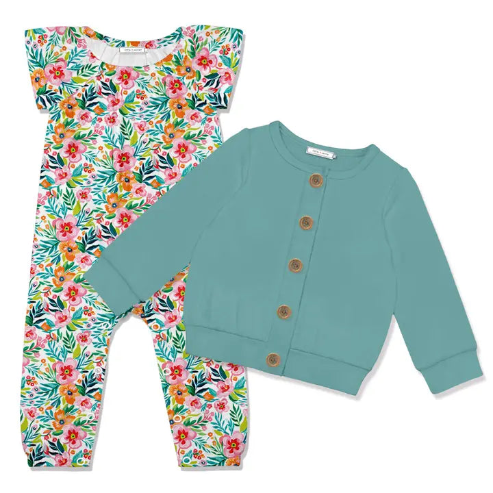 Children's outfit with floral leggings and teal cardigan on a white background