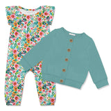 Children's outfit with floral leggings and teal cardigan on a white background