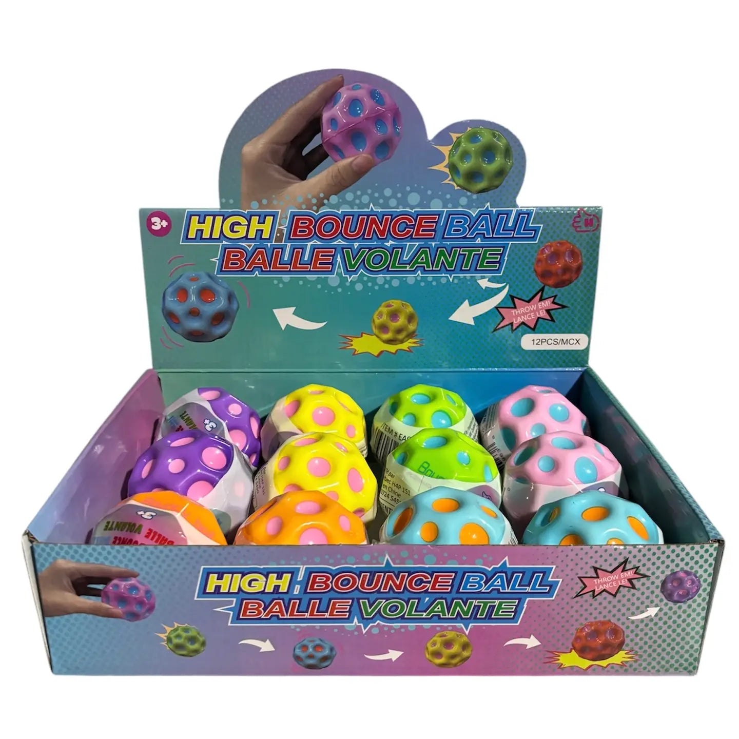 Box of colorful high-bounce balls with packaging displaying text and images of the product.