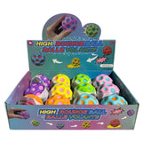 Box of colorful high-bounce balls with packaging displaying text and images of the product.