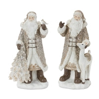 Two decorative figures of Santa Claus with a dog on white bases.