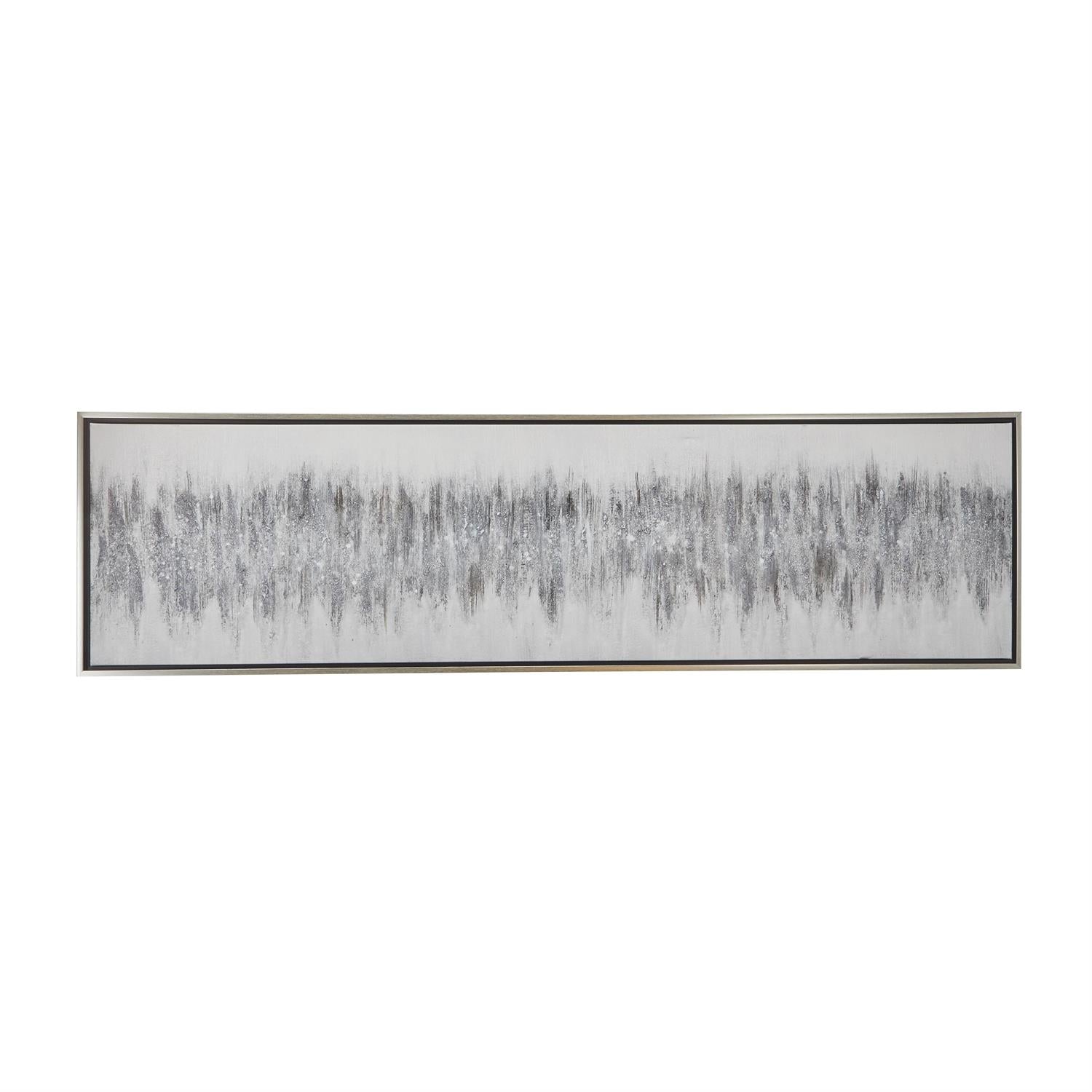 Long, thin framed artwork with abstract design on a white background