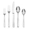 Set of silver cutlery including two forks, a knife, and two spoons on a white background