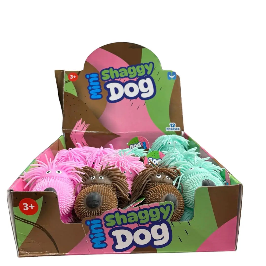 Box of Shaggy Dog mini dog toys with pink, brown, and green toys inside.