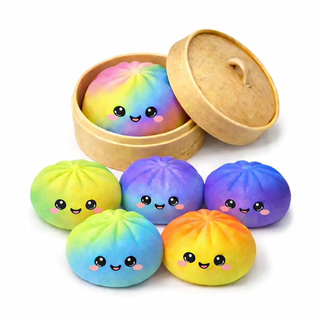 Colorful cartoon-style dumplings with a bamboo steamer on a white background