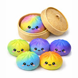Colorful cartoon-style dumplings with a bamboo steamer on a white background