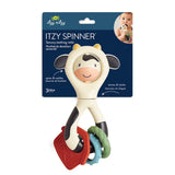 Itzy Spinner cow-themed teething toy with packaging on a white background