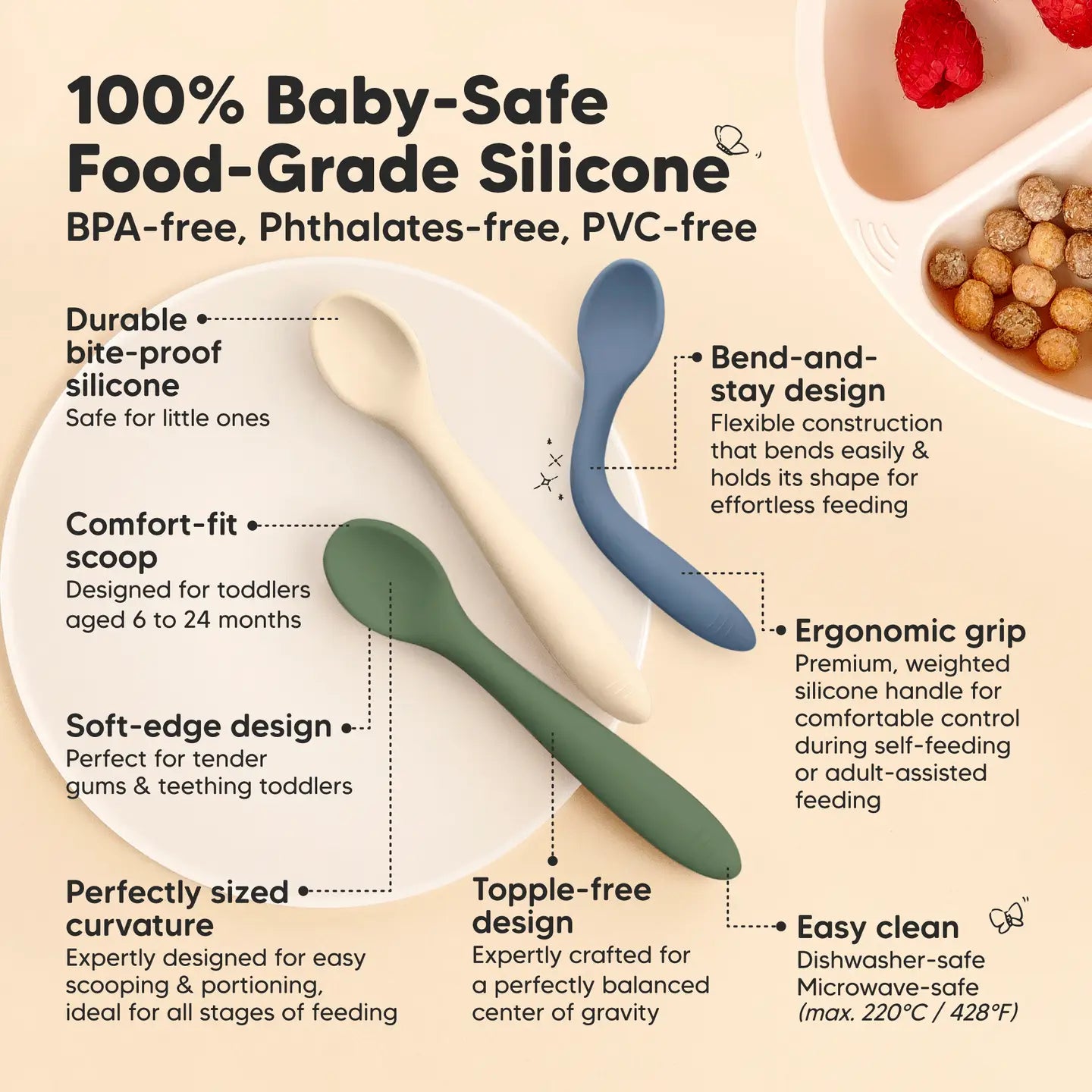 Baby-safe food-grade silicone utensils with features listed on a beige background