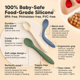 Baby-safe food-grade silicone utensils with features listed on a beige background