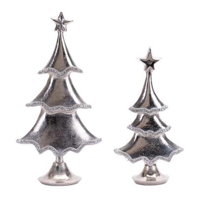 Two silver Christmas tree figurines with star tops on a white background