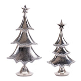 Two silver Christmas tree figurines with star tops on a white background