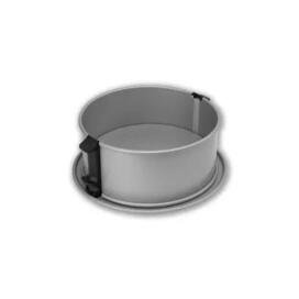 A silver metal springform pan with a black handle, shown on a plain white background.