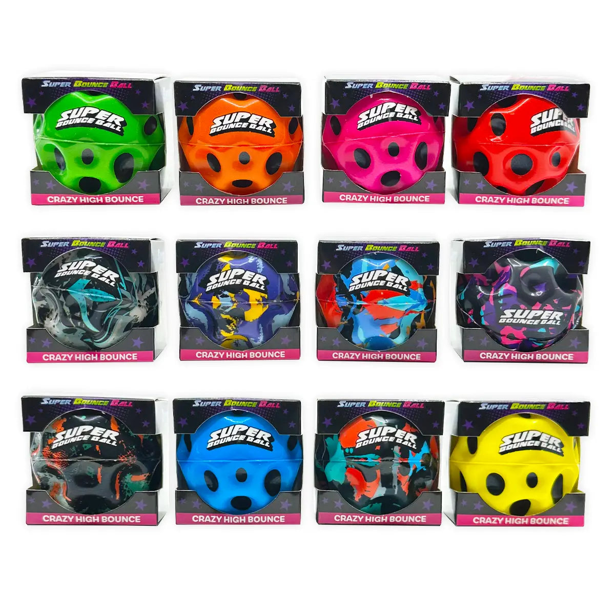 Assorted packages of Super Bounce balls in various colors on a white background