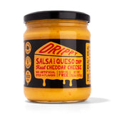 Jar of Drippy Salsa and Queso Dip with black lid on a white background