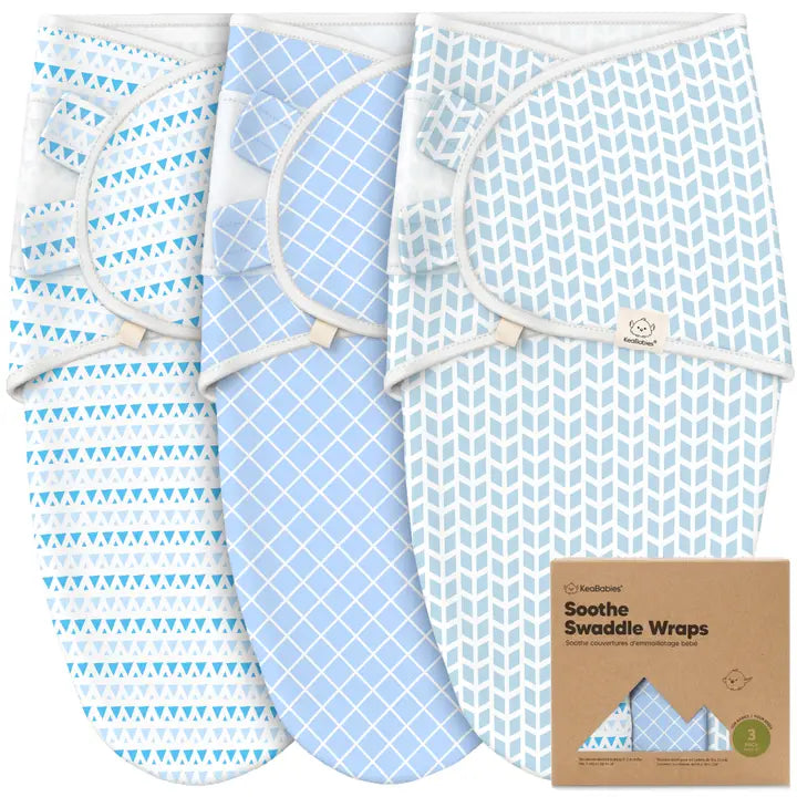 Set of baby swaddle wraps with blue and white patterns on a white background