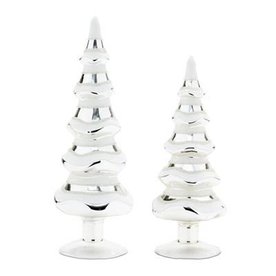 Two silver Christmas tree ornaments on a white background