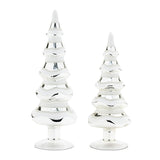 Two silver Christmas tree ornaments on a white background