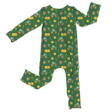 Green baby onesie with tractor and pumpkin pattern on a white background