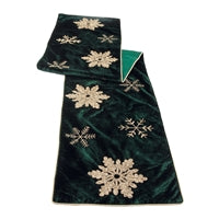Dark green fabric with gold floral embroidery on a dark green background